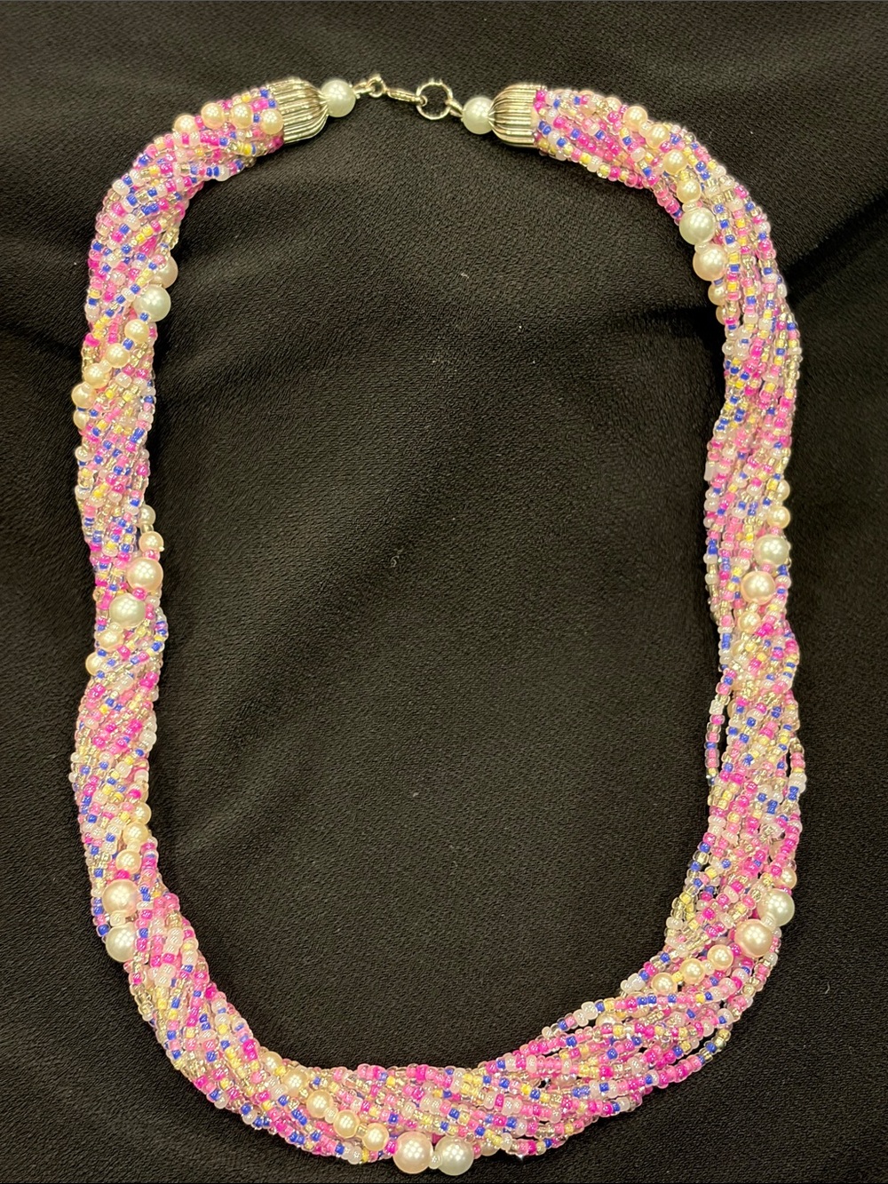 Beaded Pink Purple White Multistrand Twist Necklace Adorned W/White Faux Pearls